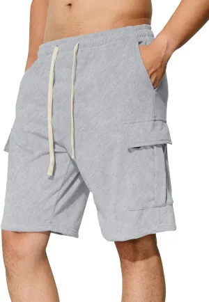 Mens Casual Cargo Shorts Cotton Elastic Waist Drawstring Sweat Shorts Gym Workout Jogger Shorts