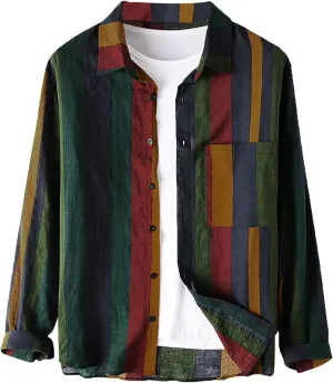 Men's Casual Cotton Linen Shirts Long Sleeve Color Block Button Down Shirt Striped Relaxed-Fit Vintage Beach Tops