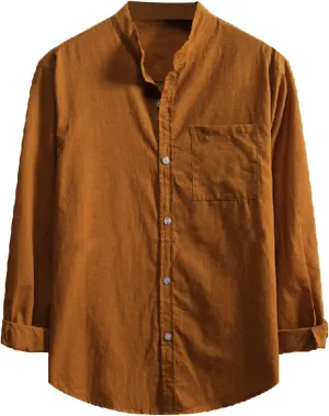 Men's Casual Cotton Linen Shirts Long Sleeve Color Block Button Down Shirt Striped Relaxed-Fit Vintage Beach Tops
