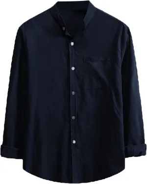 Men's Casual Cotton Linen Shirts Long Sleeve Color Block Button Down Shirt Striped Relaxed-Fit Vintage Beach Tops