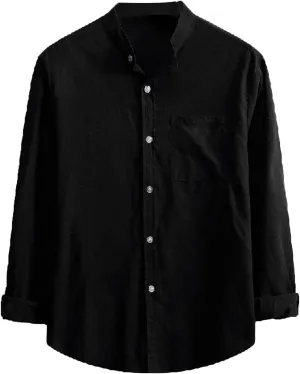 Men's Casual Cotton Linen Shirts Long Sleeve Color Block Button Down Shirt Striped Relaxed-Fit Vintage Beach Tops