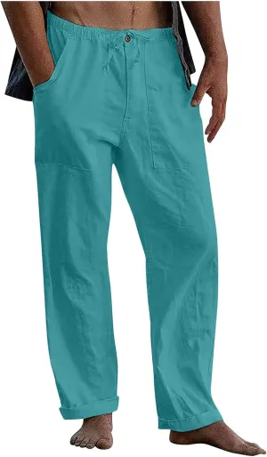 Men's Casual Loose and Comfortable Casual Pants Cotton Linen Printed Drawstring Trousers