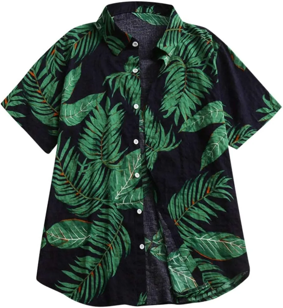 Mens Cotton Linen Beach Tops Short Sleeve Button Down Shirts 2025 Summer Relaxed Fit Vintage Casual Hawaiian Shirts