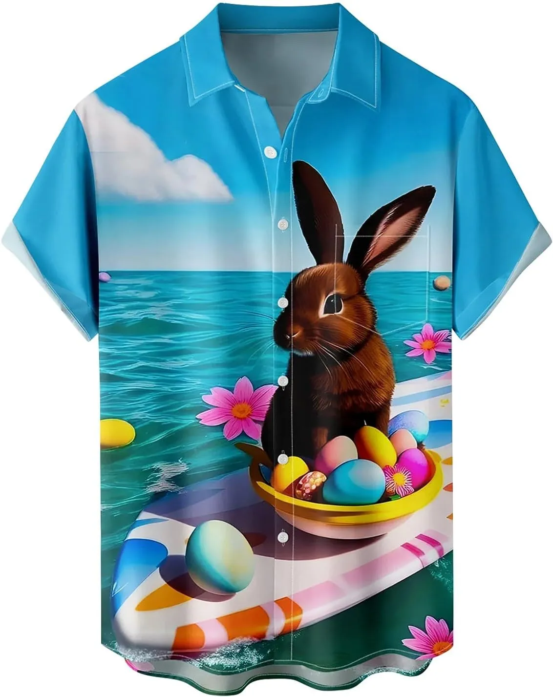Men's Easter Hawaiian Shirt - Green, Yellow - Short Sleeve - Bunny Print - Polyester - One Size (Large) - Adult