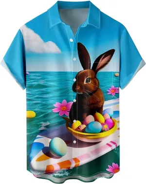 Men's Easter Hawaiian Shirt - Green, Yellow - Short Sleeve - Bunny Print - Polyester - One Size (Large) - Adult