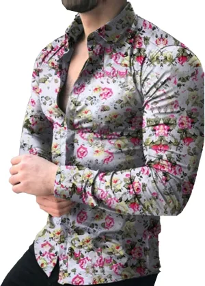 Mens Hawaiian Floral Shirts Slim Fit Long Sleeve Printed Dress Shirt Button Down Tropical Holiday Beach Shirts