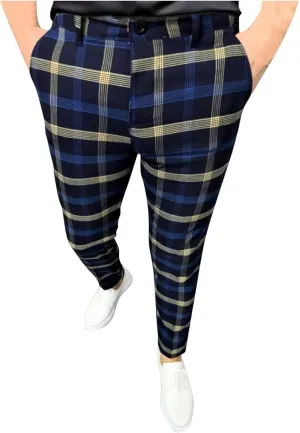 Men's Plaid Pants Regular Fit Elastic Waist Casual Pants Comfortable Tapered Leg Pants with 2 Pockets