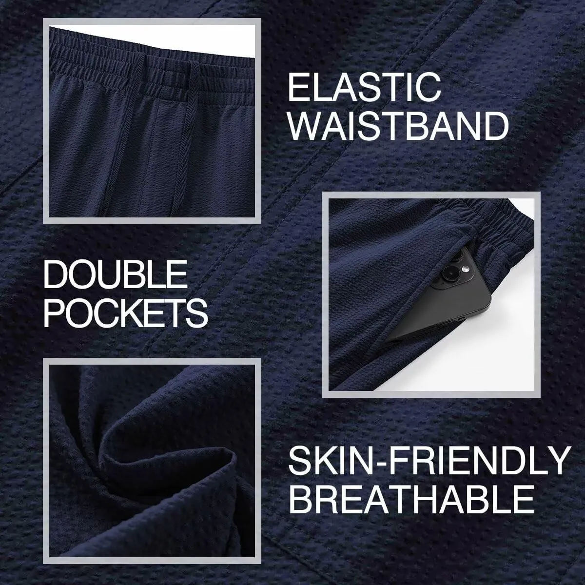 Mens Seersucker Shorts Casual Elastic Waist Drawstring Shorts Stretch Summer Beach Vacation Shorts with Pockets