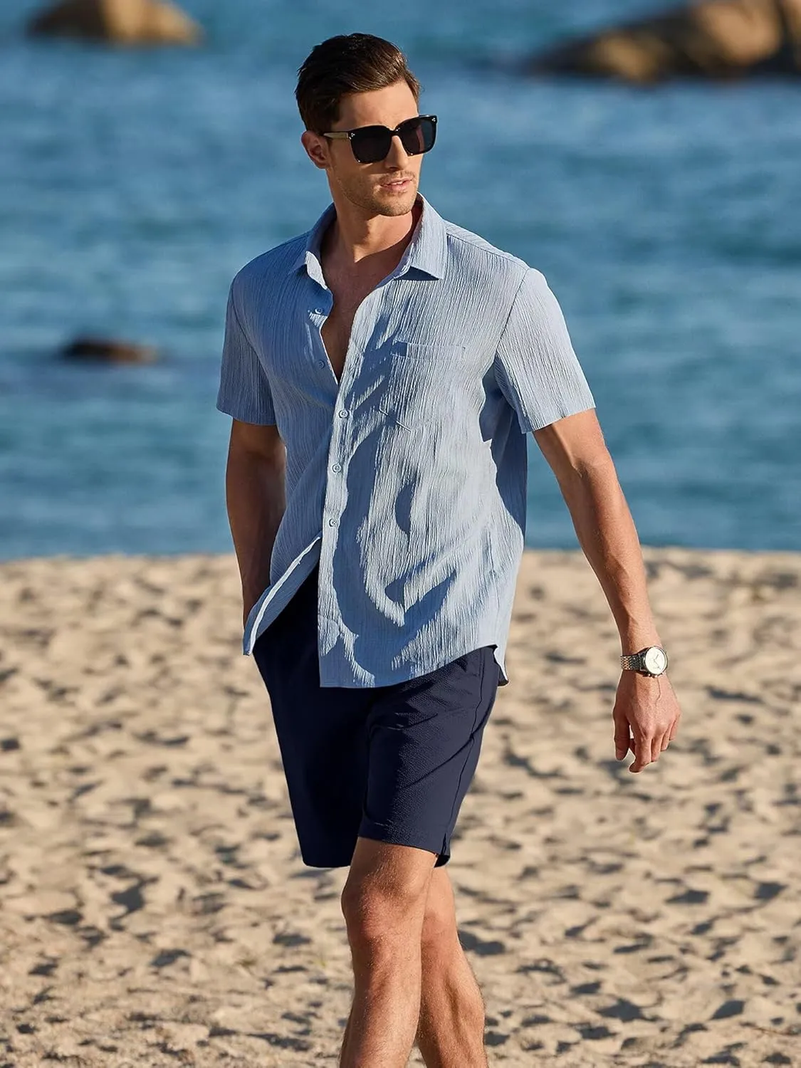 Mens Seersucker Shorts Casual Elastic Waist Drawstring Shorts Stretch Summer Beach Vacation Shorts with Pockets