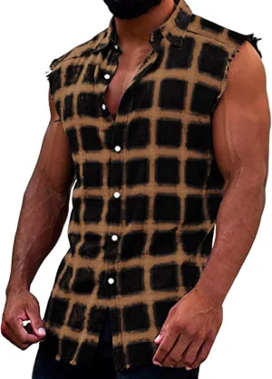 Mens Sleeveless Plaid Shirts Plus Size Casual Button Down Muscle Cut Off Tees Vintage Western Cowboy Vest Tank Tops