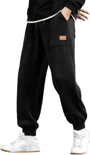 Mens Spring and Autumn Casual Thermal Corduroy Pants Drawstring High Waist Fashion Solid Trouser Elastic Tapered Sweatpants