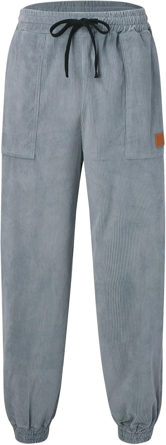 Mens Spring and Autumn Casual Thermal Corduroy Pants Drawstring High Waist Fashion Solid Trouser Elastic Tapered Sweatpants