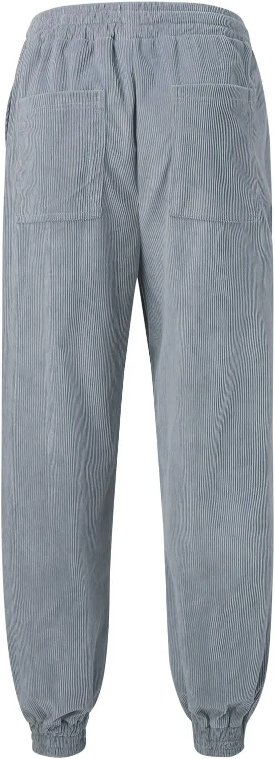 Mens Spring and Autumn Casual Thermal Corduroy Pants Drawstring High Waist Fashion Solid Trouser Elastic Tapered Sweatpants