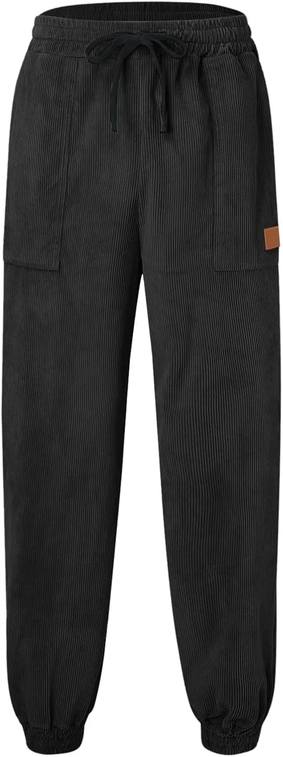 Mens Spring and Autumn Casual Thermal Corduroy Pants Drawstring High Waist Fashion Solid Trouser Elastic Tapered Sweatpants