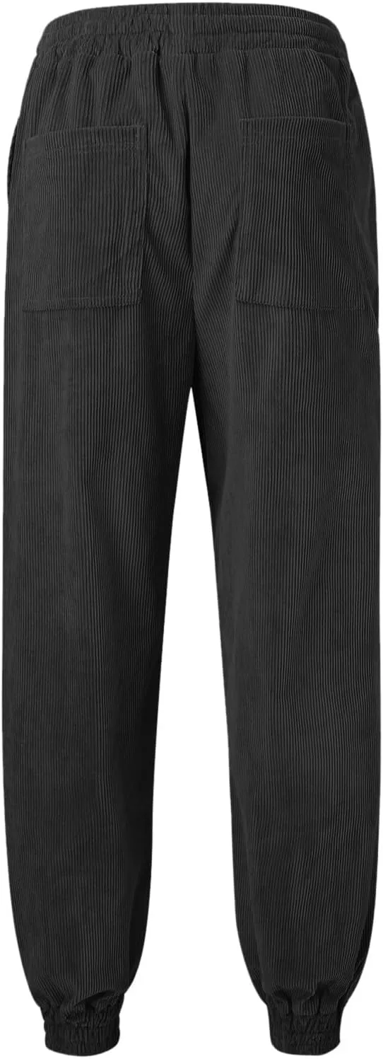 Mens Spring and Autumn Casual Thermal Corduroy Pants Drawstring High Waist Fashion Solid Trouser Elastic Tapered Sweatpants