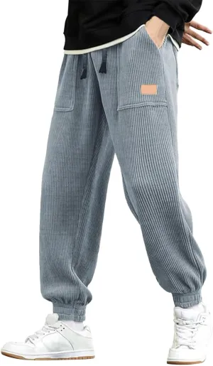 Mens Spring and Autumn Casual Thermal Corduroy Pants Drawstring High Waist Fashion Solid Trouser Elastic Tapered Sweatpants