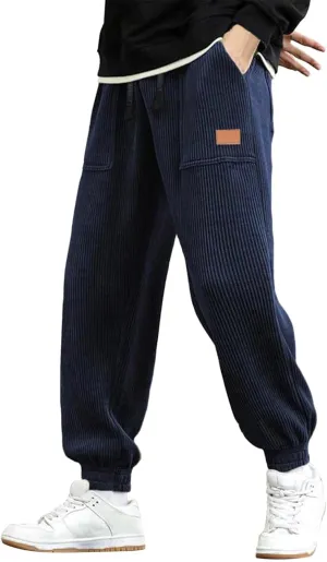 Mens Spring and Autumn Casual Thermal Corduroy Pants Drawstring High Waist Fashion Solid Trouser Elastic Tapered Sweatpants