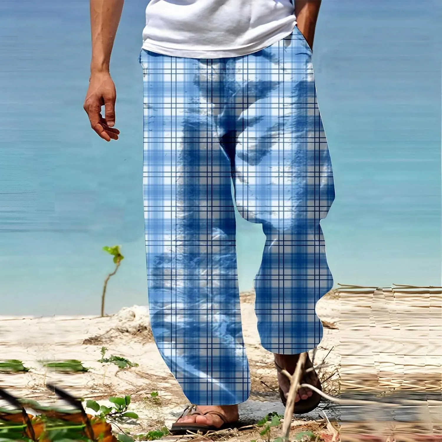 Mens Summer Casual Trousers Tactical Holiday Lightweight Vacation Beach Leisure Pant 2024 Drawstring Straight Leg Streetwear