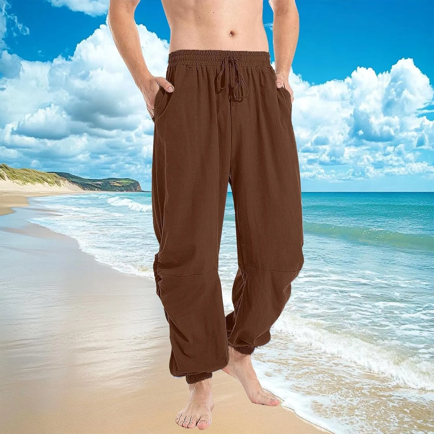 Men's Summer Linen Pant Casual Regular Fit Hemmed Dress Pants Loose Fit Drawstring Elastic Waist Trousers Comfortable