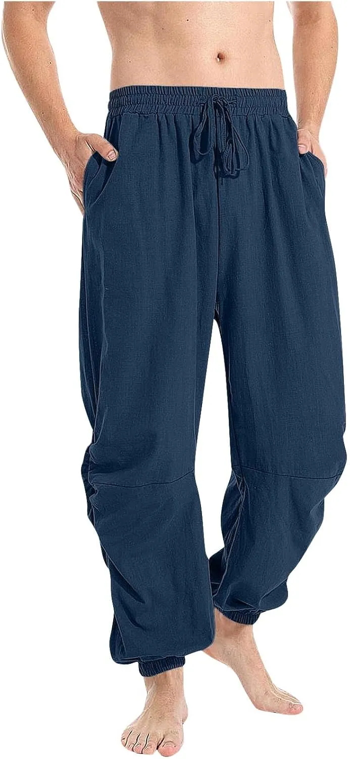 Men's Summer Linen Pant Casual Regular Fit Hemmed Dress Pants Loose Fit Drawstring Elastic Waist Trousers Comfortable