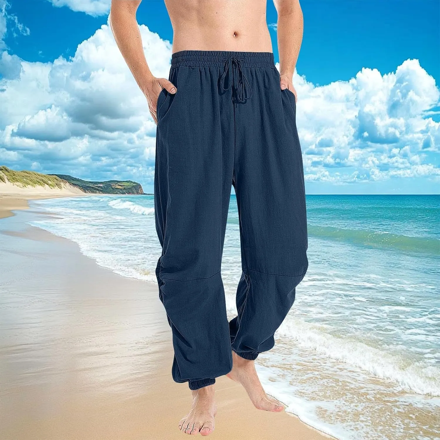 Men's Summer Linen Pant Casual Regular Fit Hemmed Dress Pants Loose Fit Drawstring Elastic Waist Trousers Comfortable