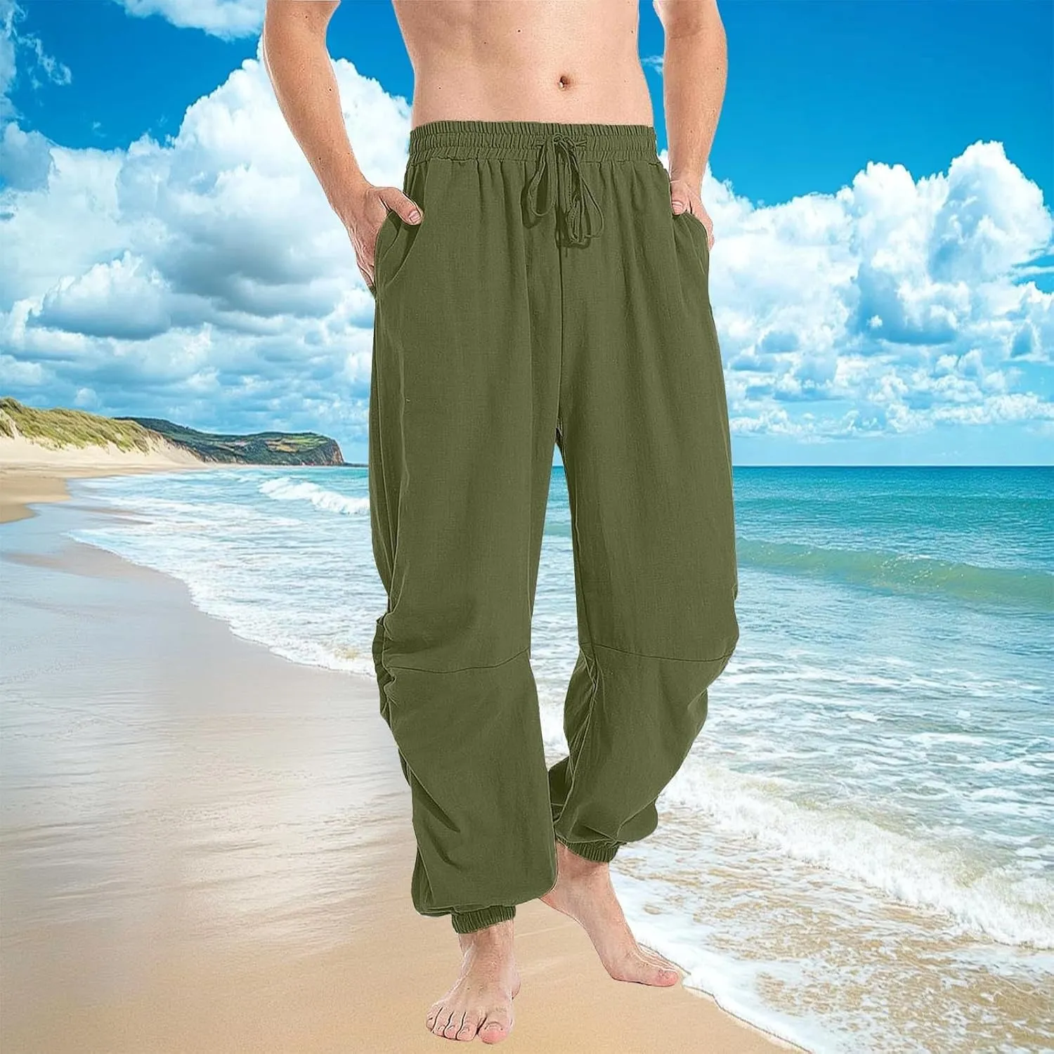 Men's Summer Linen Pant Casual Regular Fit Hemmed Dress Pants Loose Fit Drawstring Elastic Waist Trousers Comfortable