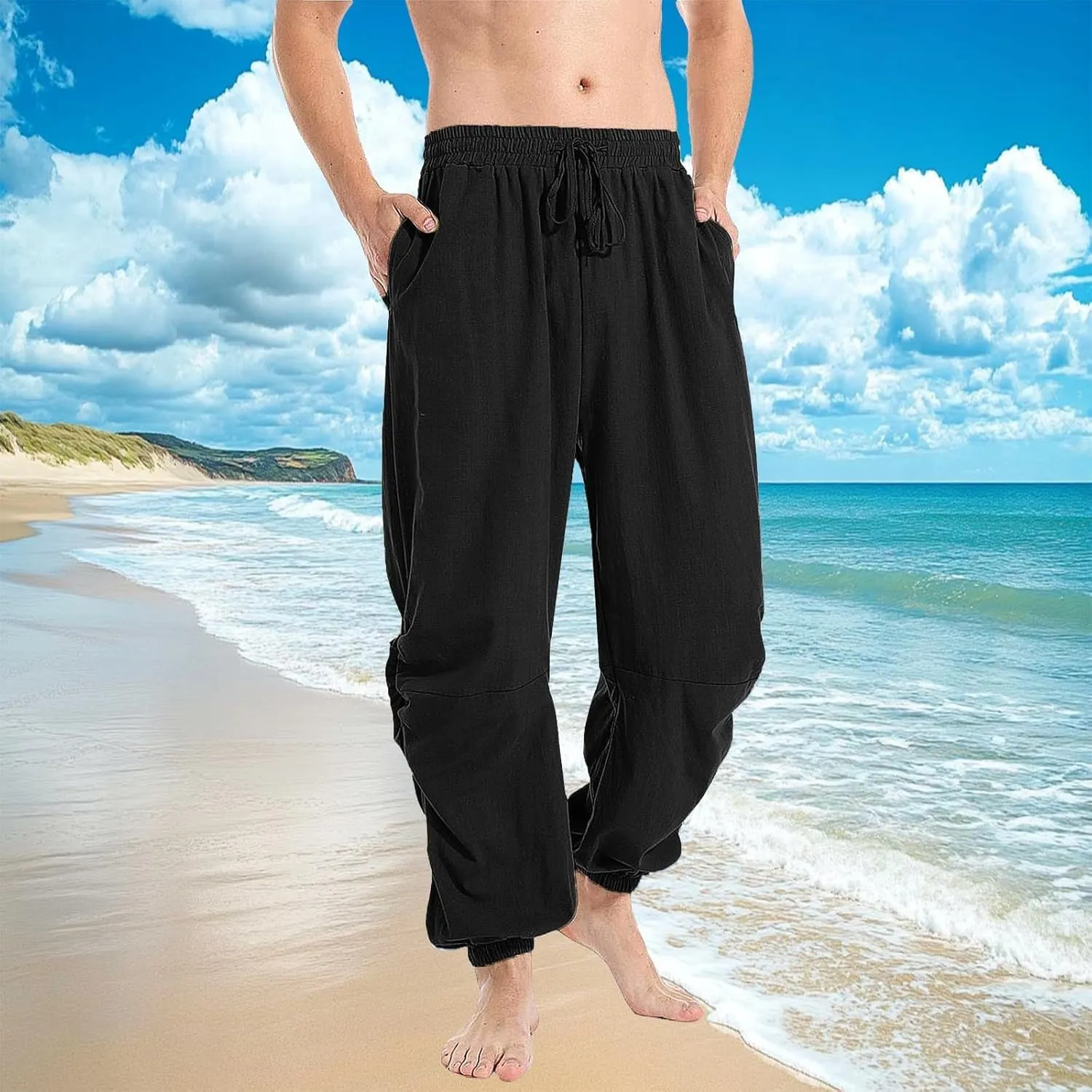 Men's Summer Linen Pant Casual Regular Fit Hemmed Dress Pants Loose Fit Drawstring Elastic Waist Trousers Comfortable