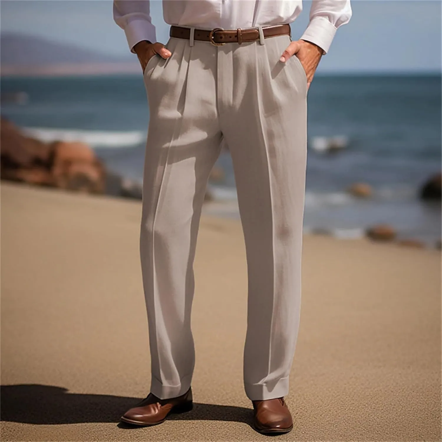 Men's Summer Linen Pants Pleated Straight Plain Comfortable Breathable Casual Pants with Front Pocket