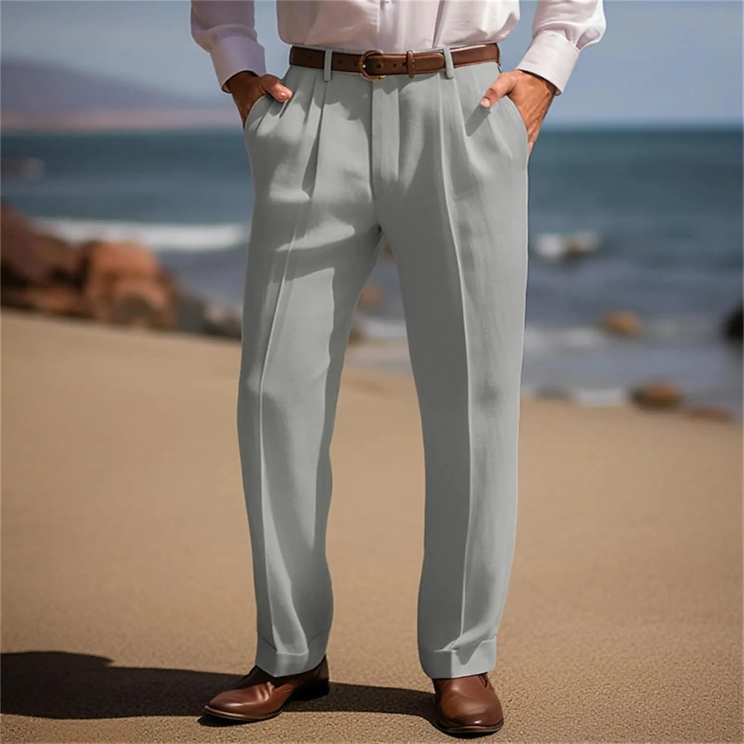 Men's Summer Linen Pants Pleated Straight Plain Comfortable Breathable Casual Pants with Front Pocket