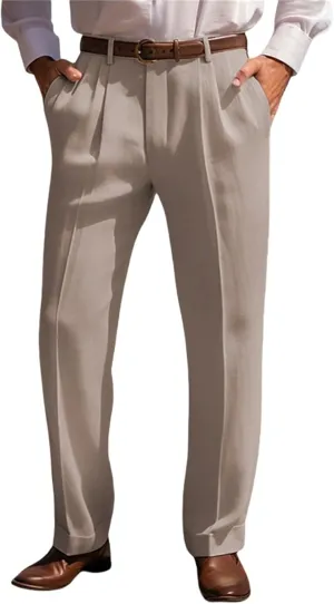 Men's Summer Linen Pants Pleated Straight Plain Comfortable Breathable Casual Pants with Front Pocket