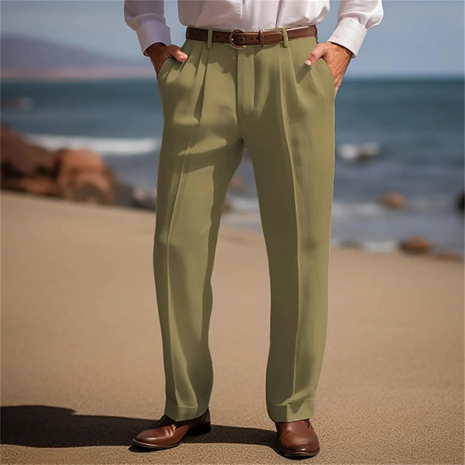 Men's Summer Linen Pants Pleated Straight Plain Comfortable Breathable Casual Pants with Front Pocket
