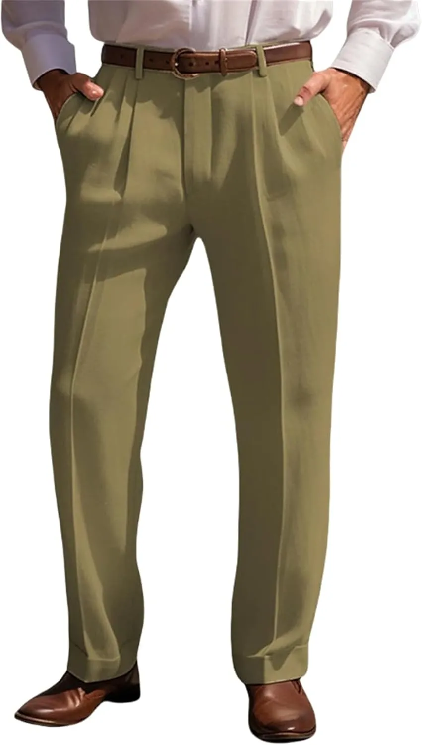 Men's Summer Linen Pants Pleated Straight Plain Comfortable Breathable Casual Pants with Front Pocket