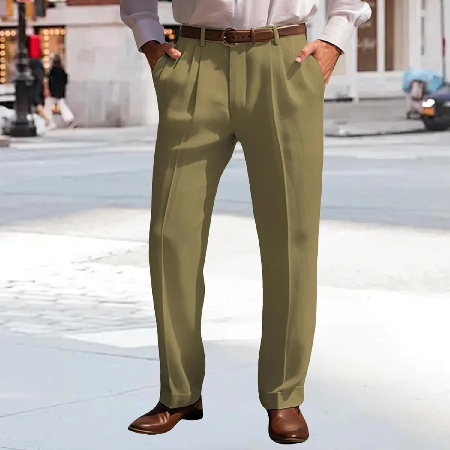Men's Summer Linen Pants Pleated Straight Plain Comfortable Breathable Casual Pants with Front Pocket