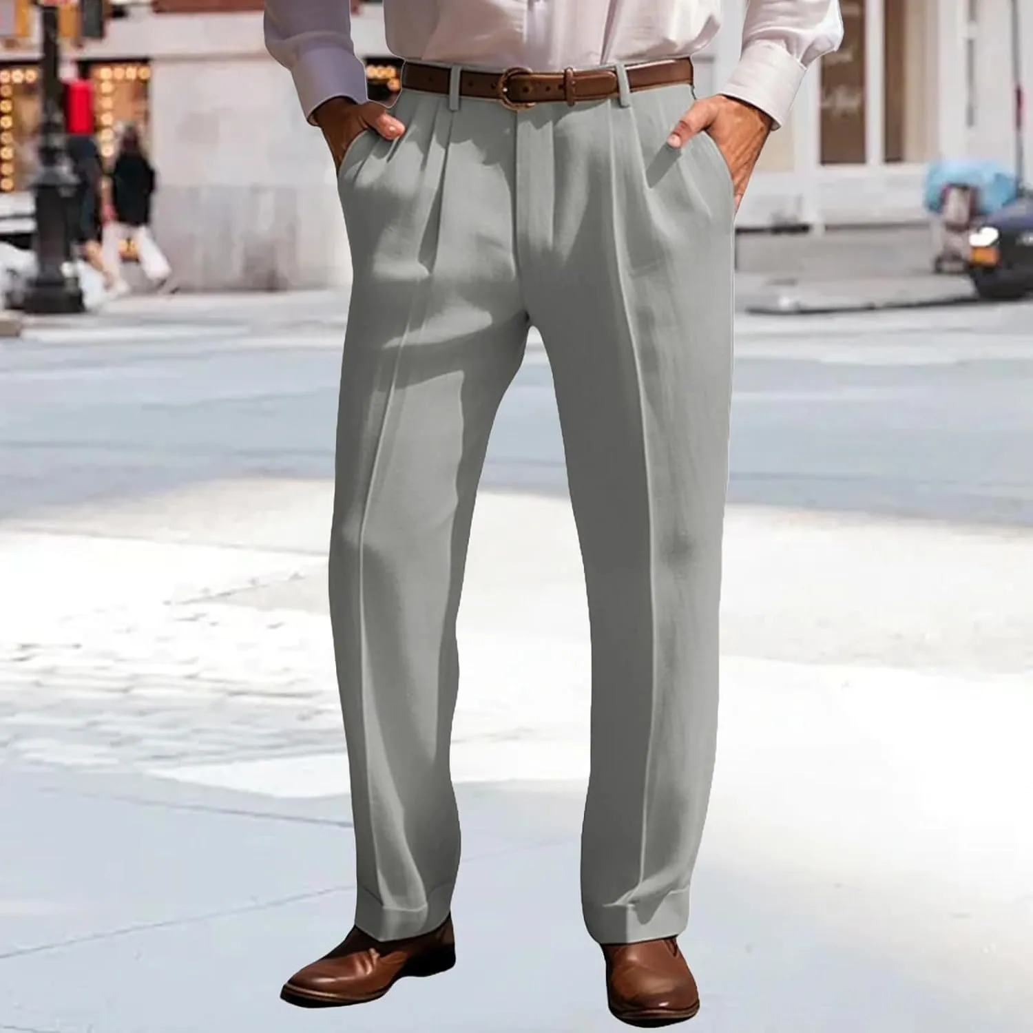 Men's Summer Linen Pants Pleated Straight Plain Comfortable Breathable Casual Pants with Front Pocket