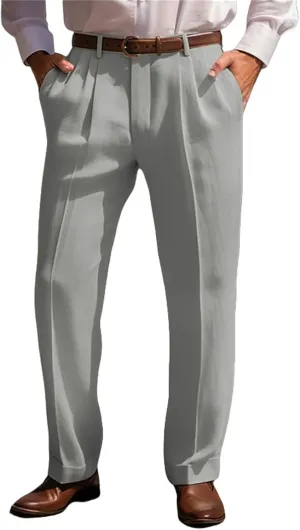 Men's Summer Linen Pants Pleated Straight Plain Comfortable Breathable Casual Pants with Front Pocket