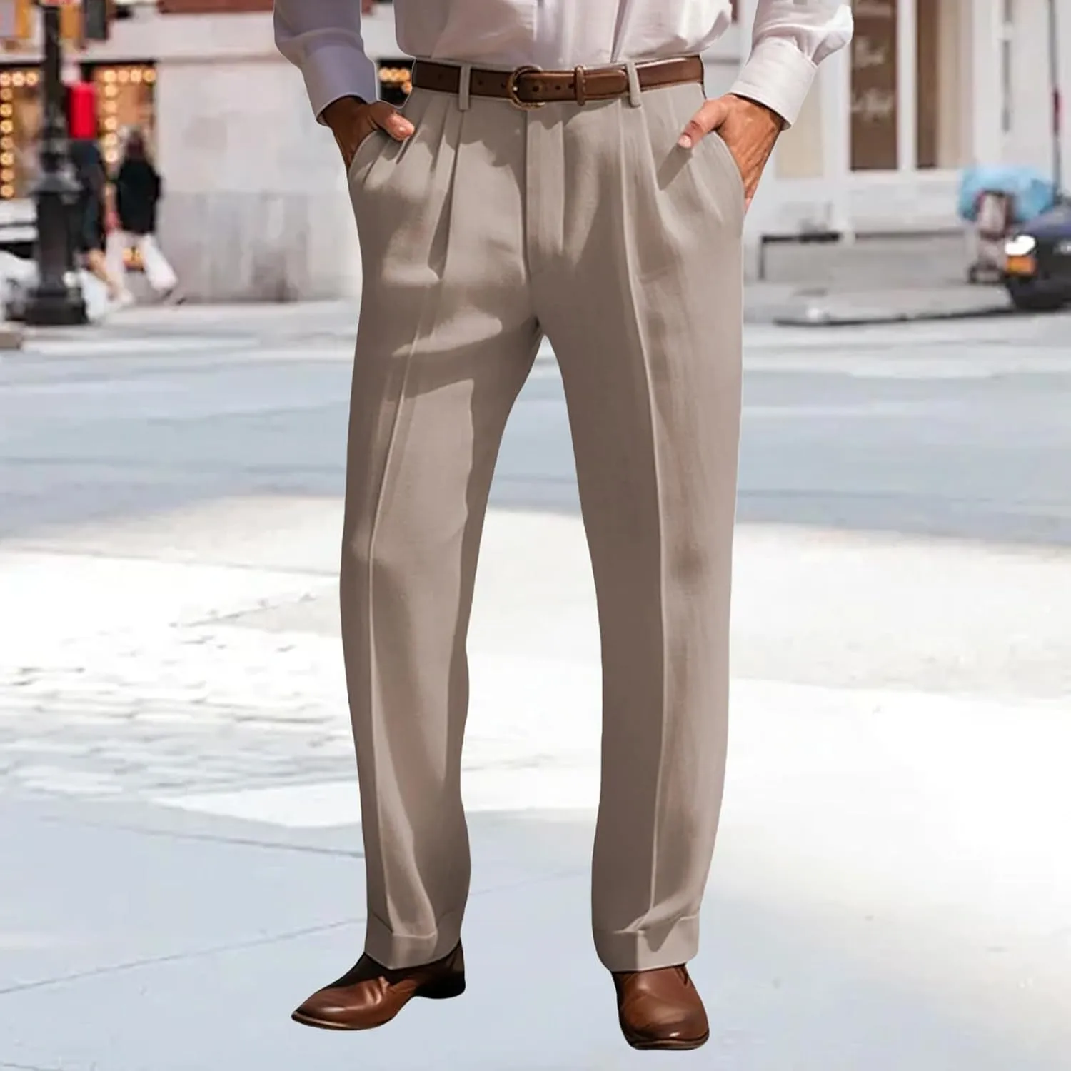 Men's Summer Linen Pants Pleated Straight Plain Comfortable Breathable Casual Pants with Front Pocket