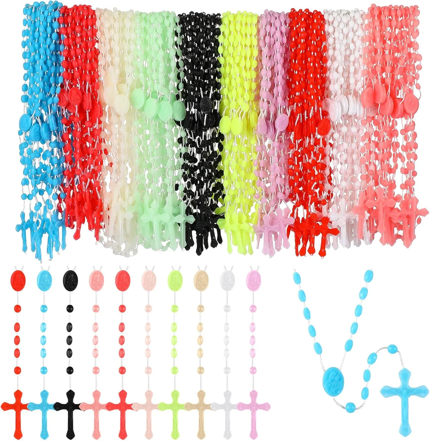 Meooeck 100 Pack Cross Necklaces Bulk Rosary Beads for Church Welcome Gifts Present Plastic Cross Rosary Necklace Prayer Crossed Beads for Religious Homeless Gift Party Favor, 13 Inch