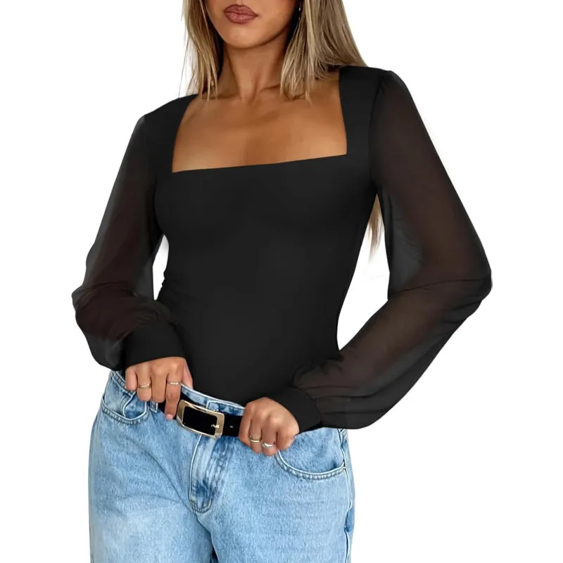 Mesh Long Sleeve Bodysuit With Square Design for Comfortable Fit
