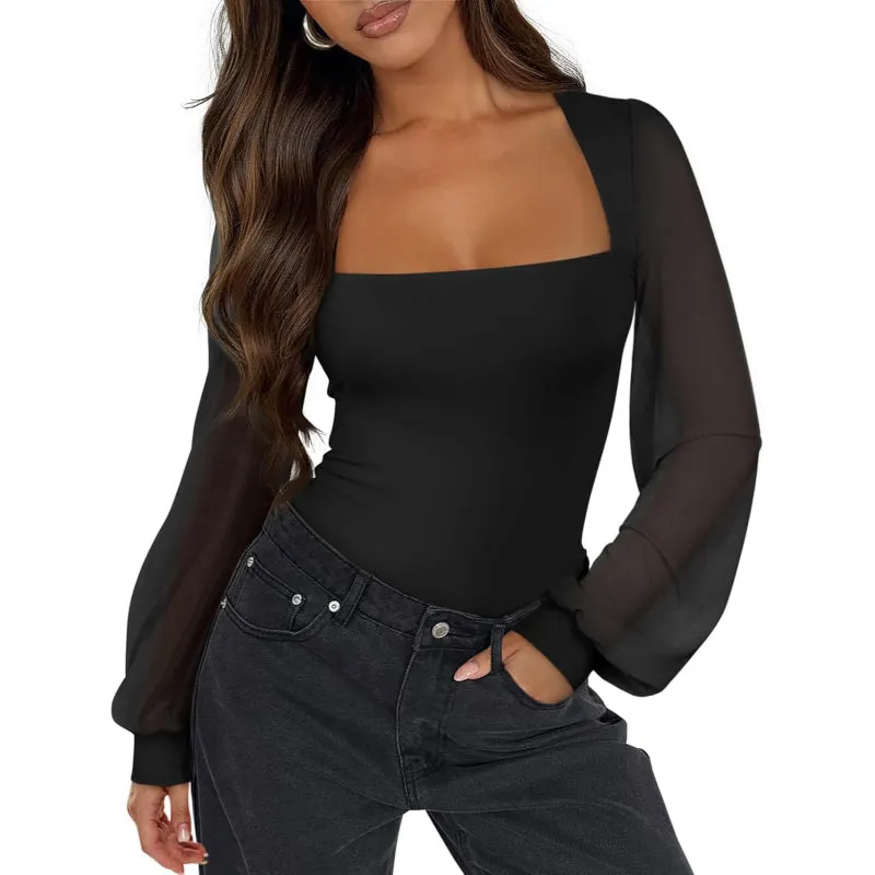 Mesh Long Sleeve Bodysuit With Square Design for Comfortable Fit
