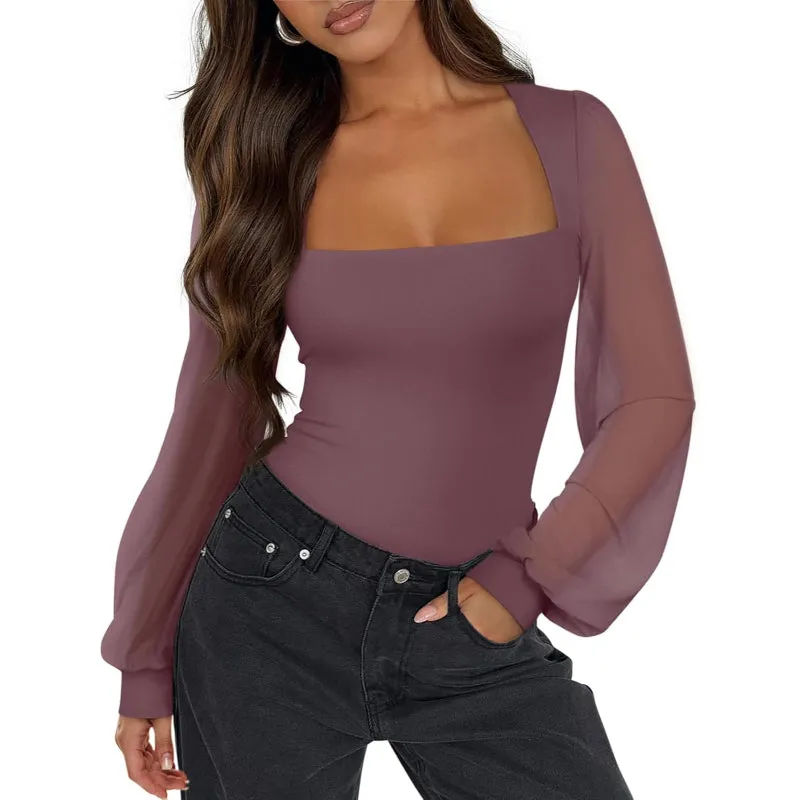 Mesh Long Sleeve Bodysuit With Square Design for Comfortable Fit