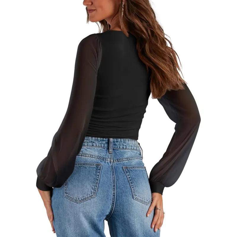 Mesh Long Sleeve Bodysuit With Square Design for Comfortable Fit