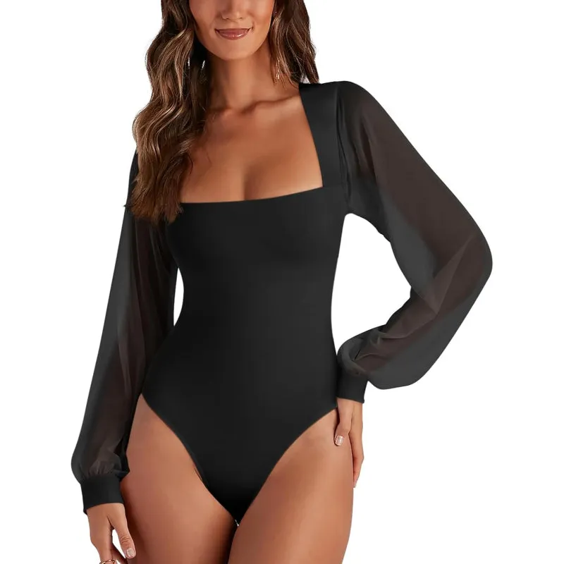 Mesh Long Sleeve Bodysuit With Square Design for Comfortable Fit