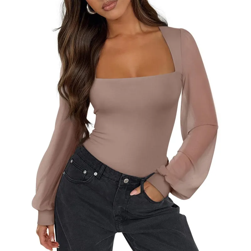 Mesh Long Sleeve Bodysuit With Square Design for Comfortable Fit