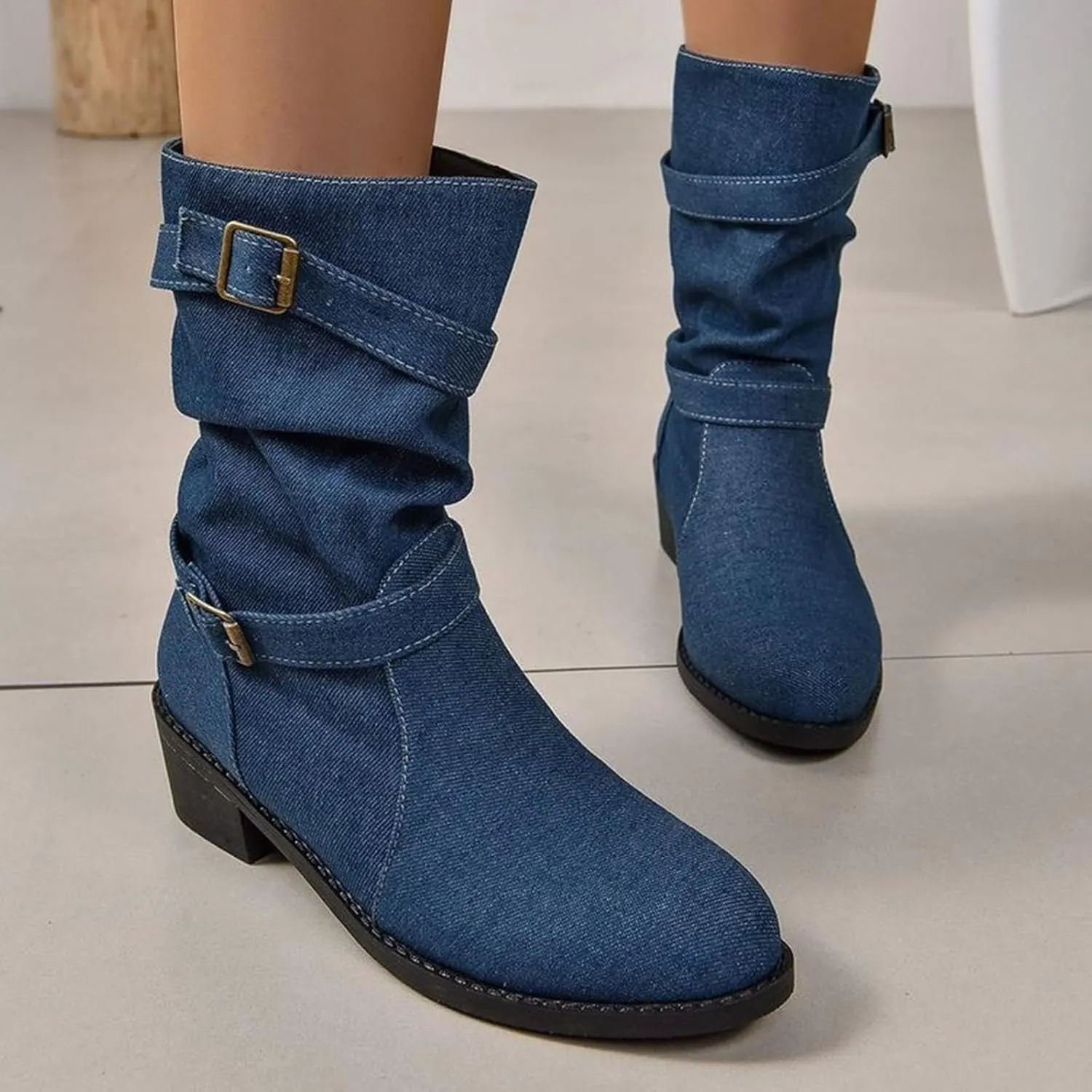 Mid Calf Boots for Women Round Toe Square Heel Ankle Boots for Women Low Heel Hiking Boots Women Waterproof