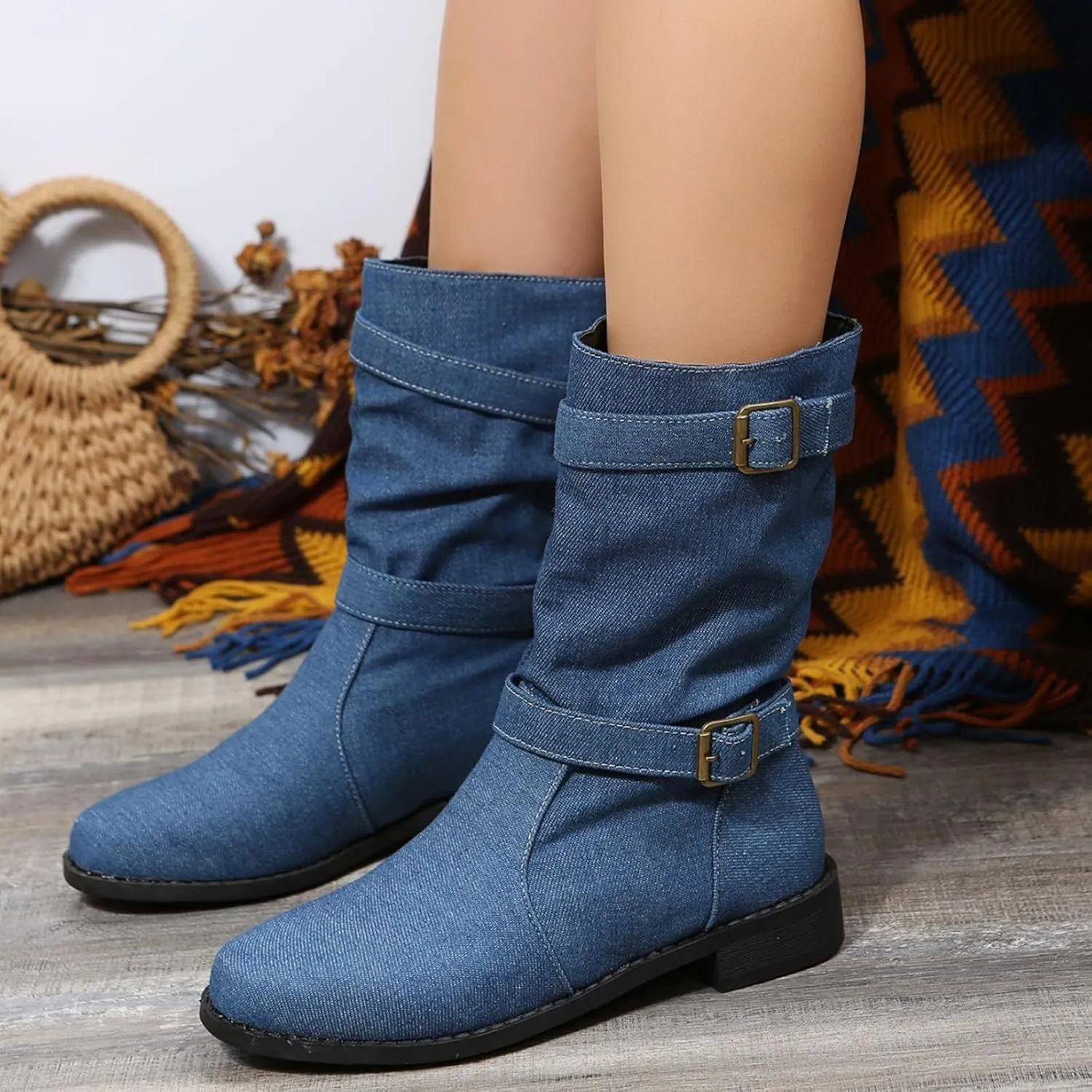 Mid Calf Boots for Women Round Toe Square Heel Ankle Boots for Women Low Heel Hiking Boots Women Waterproof