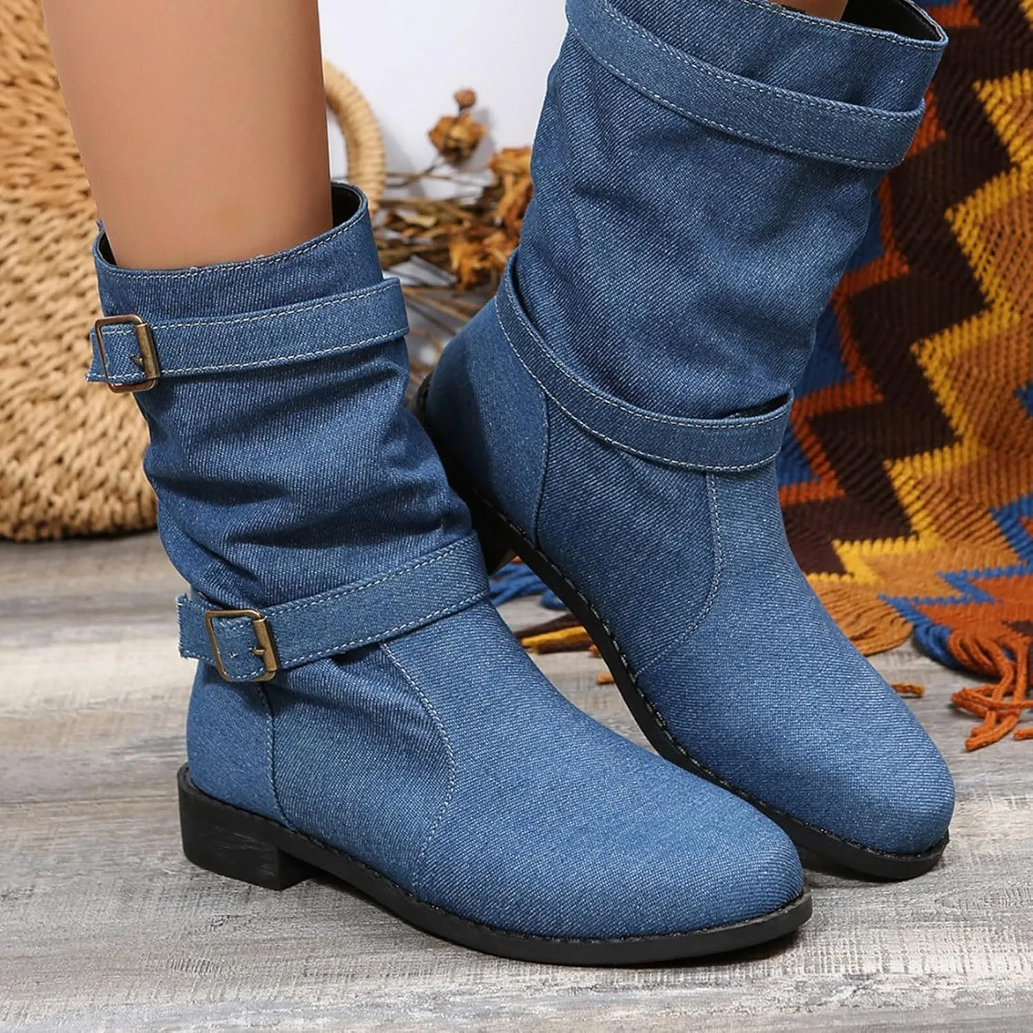 Mid Calf Boots for Women Round Toe Square Heel Ankle Boots for Women Low Heel Hiking Boots Women Waterproof