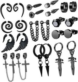 Minimalist Clip on Hoop Earrings for Men Black Gothic Earrings Set Hip Hop Punk Fashion Jewelry