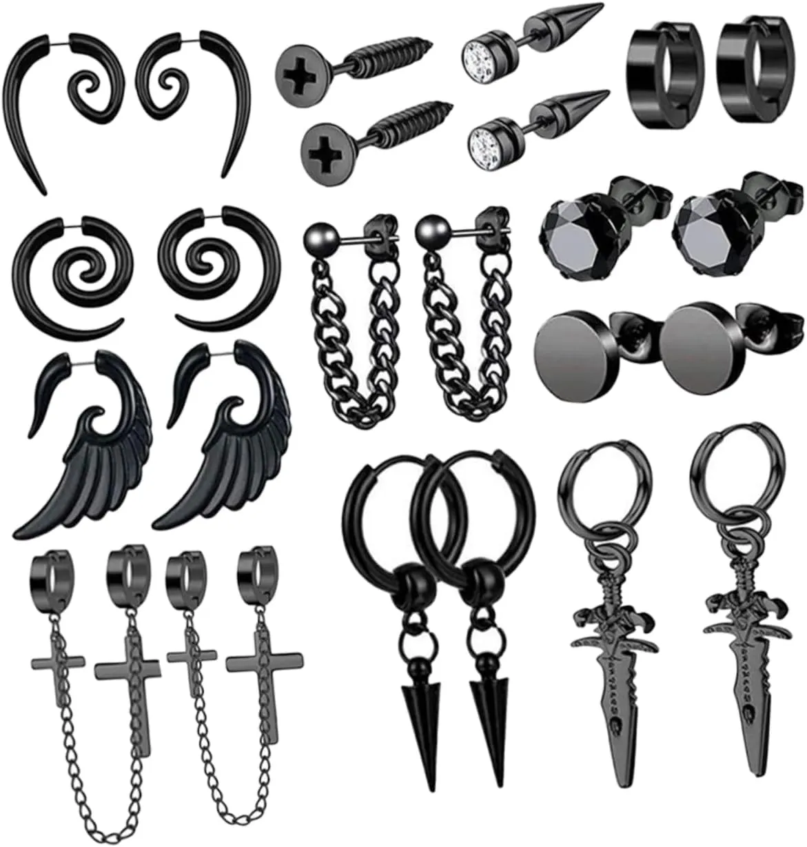 Minimalist Clip on Hoop Earrings for Men Black Gothic Earrings Set Hip Hop Punk Fashion Jewelry