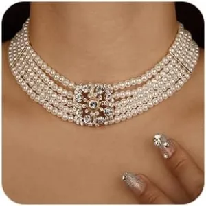 Missgrace Dainty 5 Tier Layered Pearl Rhinestones 1920s Short Choker Necklace for Women Chunky Necklaces Necklace Pearl Pendant Necklaces Pearl Chain Bridesmaid Necklaces for Women