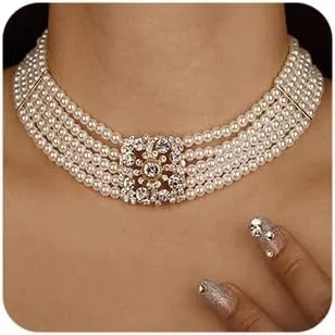 Missgrace Dainty 5 Tier Layered Pearl Rhinestones 1920s Short Choker Necklace for Women Chunky Necklaces Necklace Pearl Pendant Necklaces Pearl Chain Bridesmaid Necklaces for Women
